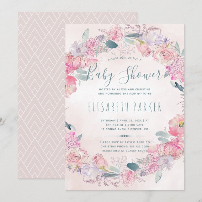 Blush pink roses wreath chic romantic baby shower invitation (Front/Back)
