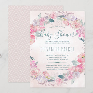 Blush pink roses wreath chic romantic baby shower invitation