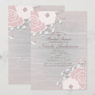 Blush Pink Rustic Floral Flowers & Wood Bridal Invitation