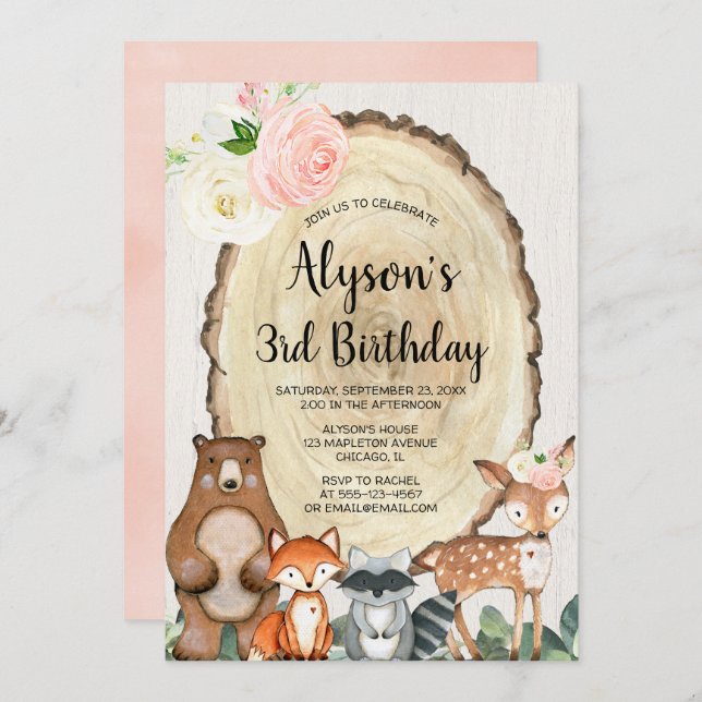 Blush pink rustic floral girl woodland birthday invitation (Front/Back)