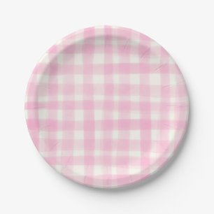 Blush Pink Rustic Hand-Drawn Gingham Paper Plate