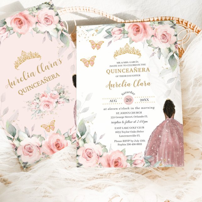 Blush Pink Sage Floral Brown Princess Quinceañera Invitation (Creator Uploaded)