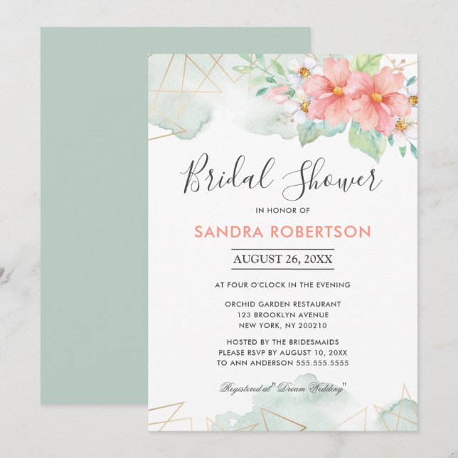 Blush Pink Sage Floral Geometric Bridal Shower Invitation (Front/Back)