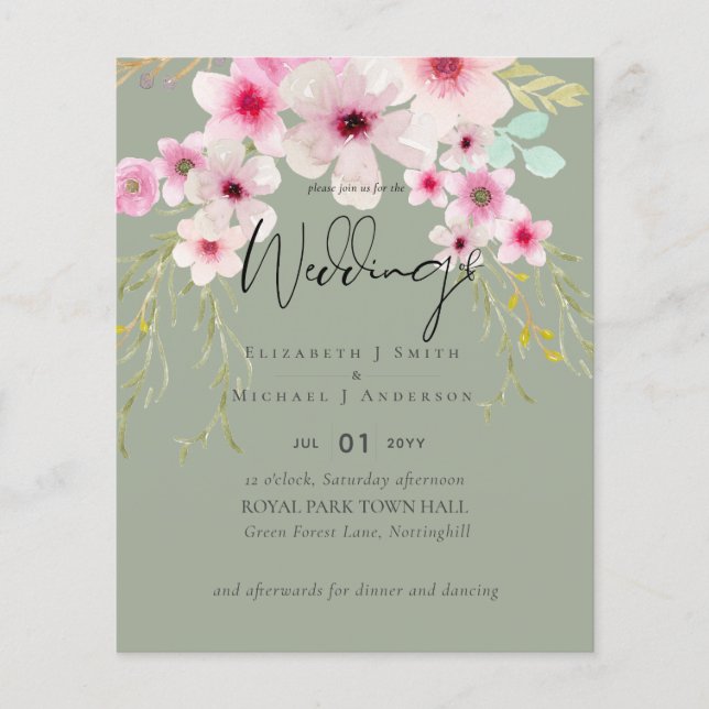 Blush Pink Sage Floral Wedding Script Budget (Front)
