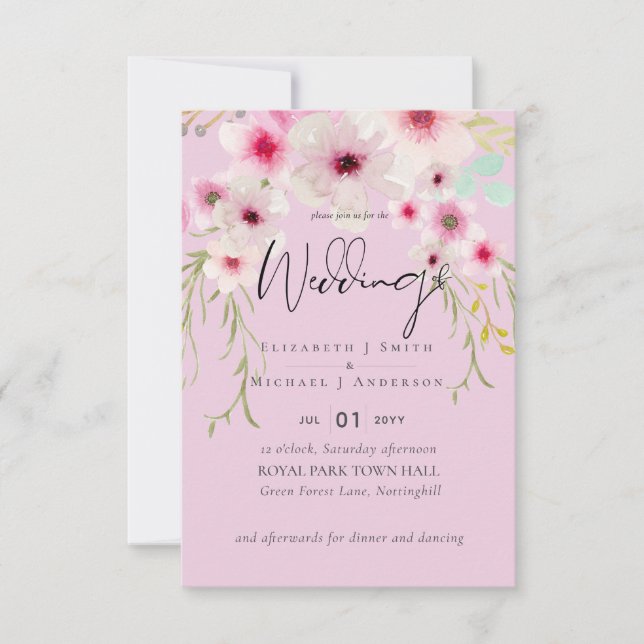 Blush Pink Sage Floral Wedding Script Budget RSVP Card (Front)