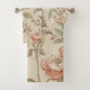 Blush Pink Sage Green Beige Shabby Chic Floral Bath Towel Set