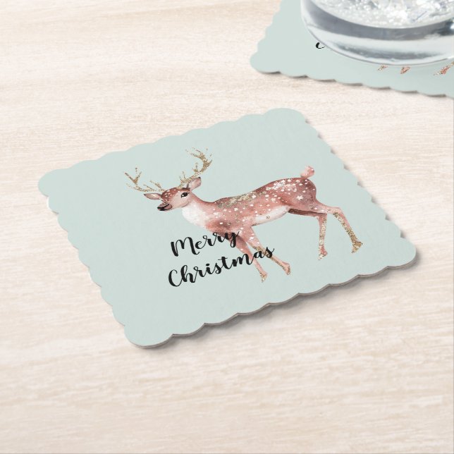 Blush  Pink Sage Green Christmas Deer Paper Coaster (Angled)