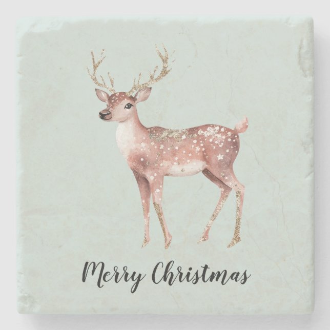 Blush  Pink Sage Green Christmas Deer Stone Coaster (Front)