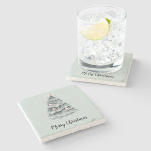 Blush  Pink Sage Green Christmas Tree  Stone Coaster