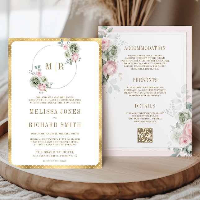 Blush Pink Sage Green Floral All in One Wedding Invitation (Creator Uploaded)