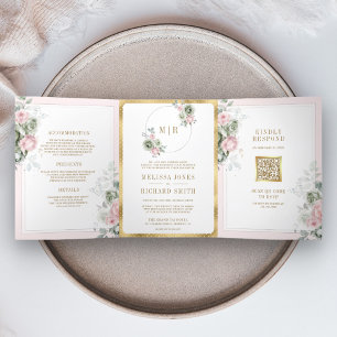 Blush Pink Sage Green Floral All in One Wedding Tri-Fold Invitation