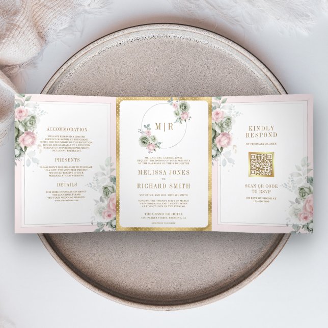 Blush Pink Sage Green Floral All in One Wedding Tri-Fold Invitation (Creator Uploaded)