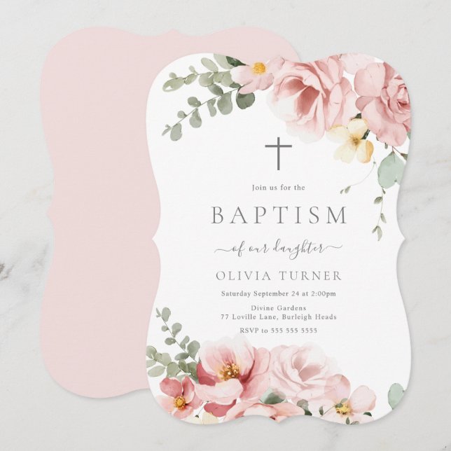 Blush Pink & Sage Green Floral Baptism Invitation (Front/Back)