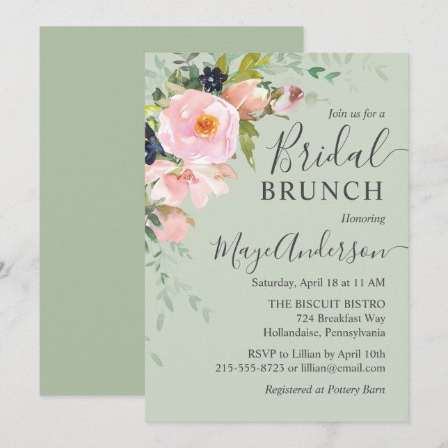 Blush Pink & Sage Green Floral Bridal Brunch Invitation (Front/Back)