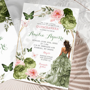 Blush Pink Sage Green Floral Mexican Quinceañera Invitation