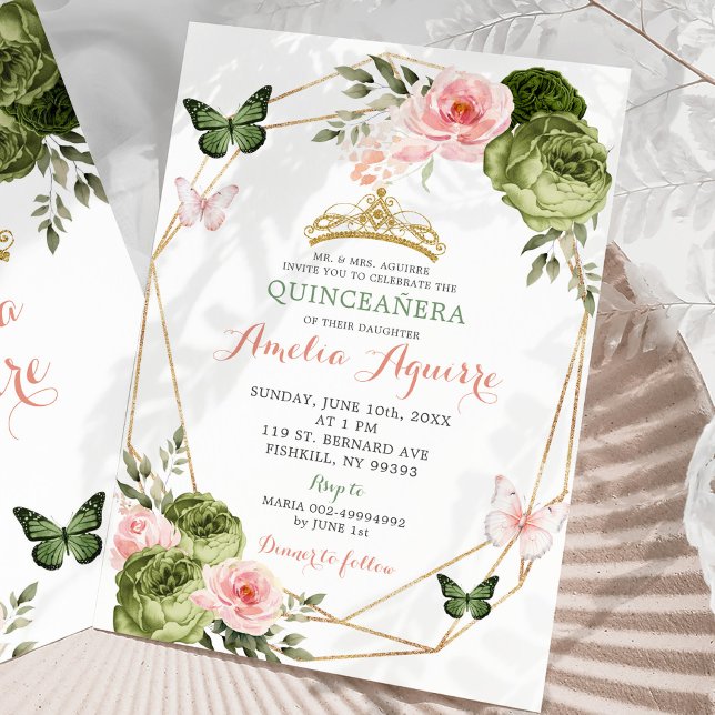 Blush Pink Sage Green Geometric Floral Quinceañera Invitation (Creator Uploaded)