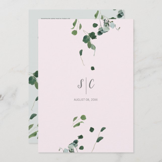 Blush Pink Sage Green Leaves Botanical Eucalyptus  Invitation (Front/Back)