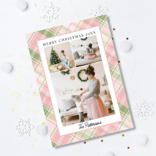 Blush Pink & Sage Green Plaid 3 Photo Christmas Holiday Card