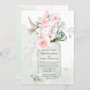 Blush Pink Sage Green Roses Hummer Mason Jar Invitation