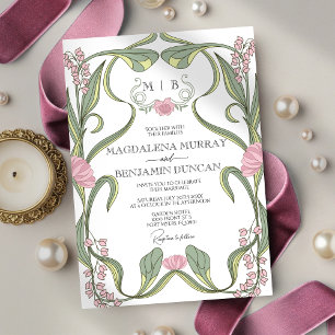 Blush Pink Sage Vintage Art Nouveau Floral Wedding Invitation