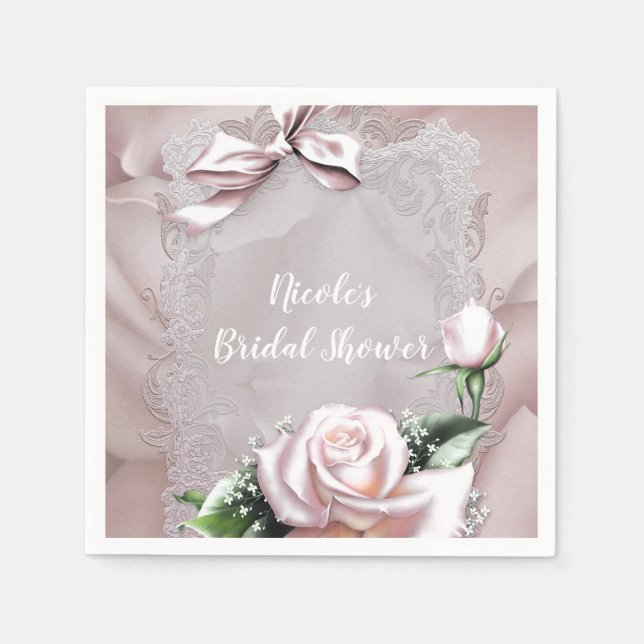 Blush Pink Satin Bow & Rose Romantic Floral Napkin (Front)