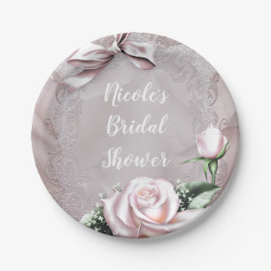 Blush Pink Satin Bow & Rose Romantic Floral Paper Plate