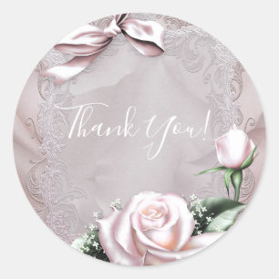 Blush Pink Satin Bow & Rose Romantic Wedding Favou Classic Round Sticker