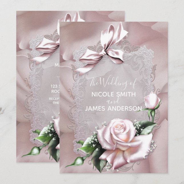 Blush Pink Satin Bow & Rose Romantic Wedding Invitation (Front/Back)