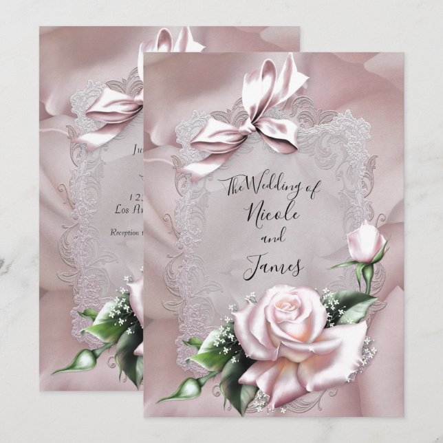 Blush Pink Satin Bow & Rose Romantic Wedding Invitation (Front/Back)