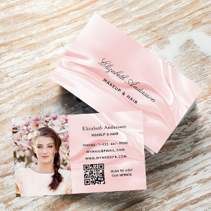 Blush pink satin silk photo elegant QR code Business Card