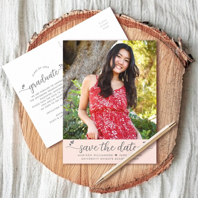 Blush Pink Save Date Photo Graduation Script Heart Invitation Postcard (Creator Uploaded)