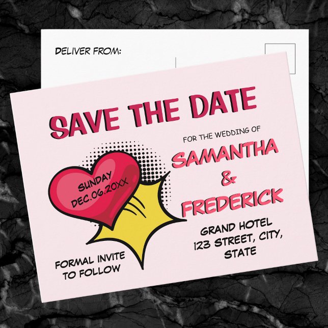 Blush Pink Save the Date Postcard | Romantic Comic (Creator Uploaded)