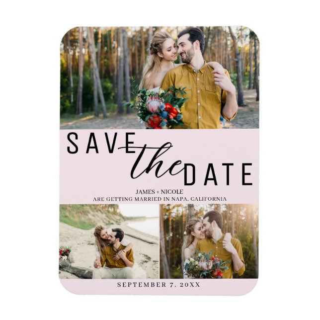 Blush Pink Save the Date Wedding 3 Photos Magnet (Vertical)