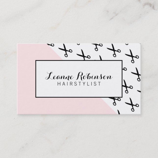 Blush pink scissors hairstylist business card (Front)