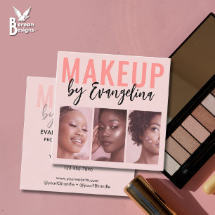 Blush Pink Script 3 Photo Makeup Square Business Card
