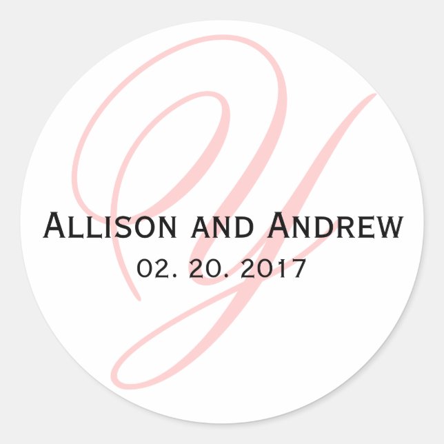 Blush Pink Script Initial Y Monogram Wedding Favou Classic Round Sticker (Front)