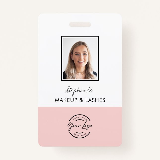 Blush Pink Script Logo Employee Photo Makeup ID Badge (Front)