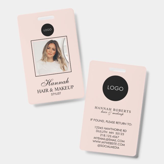 Blush Pink Script Logo Hair Photo Makeup ID Badge (Front & Back)