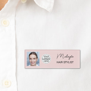 Blush Pink Script Logo Photo Hair Stylist Name Tag