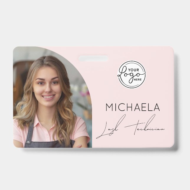 Blush Pink Script Logo Photo Lash Technician ID Badge (Front)
