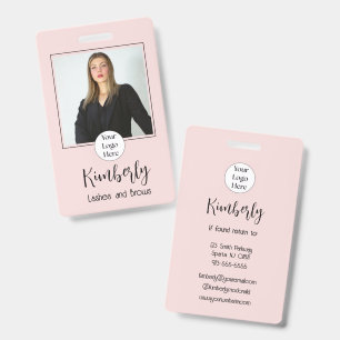 Blush Pink Script Logo Photo Lashes and Brows ID Badge