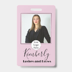 Blush Pink Script Logo Photo Lashes and Brows ID Badge