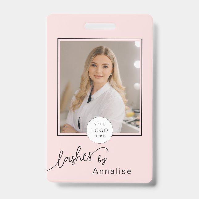 Blush Pink Script Logo Photo Lashes Makeup ID Badge (Front)