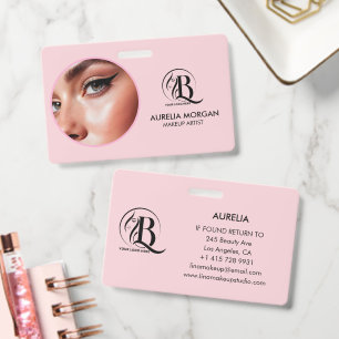 Blush Pink Script Logo Photo Makeup Artist ID Badge
