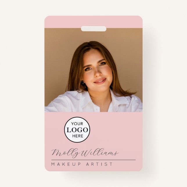 Blush Pink Script Logo Photo Makeup Badge ID Badge (Front)
