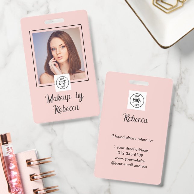 Blush Pink Script Logo Photo Makeup ID Badge (Office)
