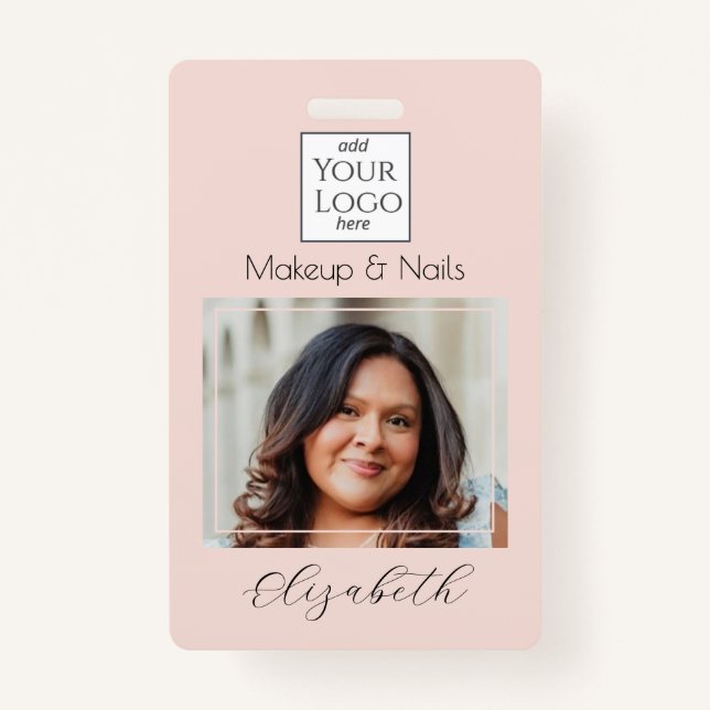 Blush Pink Script Logo Photo Makeup ID Badge (Front)
