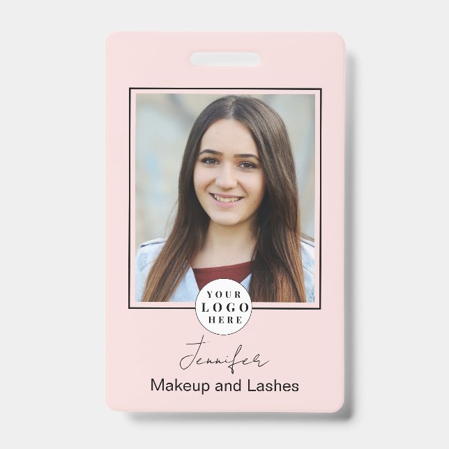 Blush Pink Script Logo Photo Makeup ID Badge (Front)