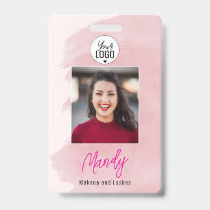 Blush Pink Script Logo Photo Makeup ID Badge