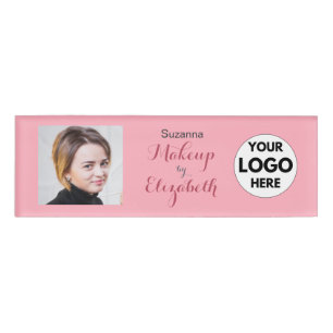 Blush Pink Script Logo Photo Makeup Name Tag